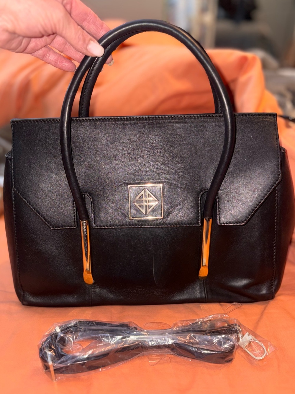 ANTONIO MELANI Black Leather Structured Satchel with Gold Hardware